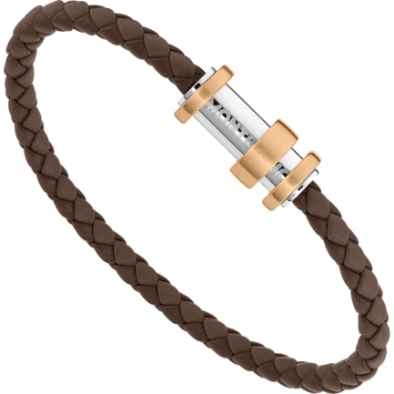 Bracelet en cuir marron tressé avec fermoir en acier et trois anneaux en bronze