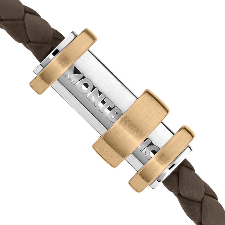 Bracelet en cuir marron tressé avec fermoir en acier et trois anneaux en bronze