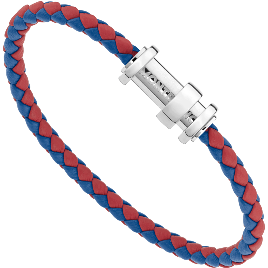 Bracelet en cuir tressé rose-bleu avec fermoir en acier et trois anneaux