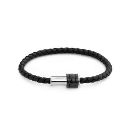 Bracelet en cuir noir tressé avec fermoir en acier, finition PVD noir et trois anneaux