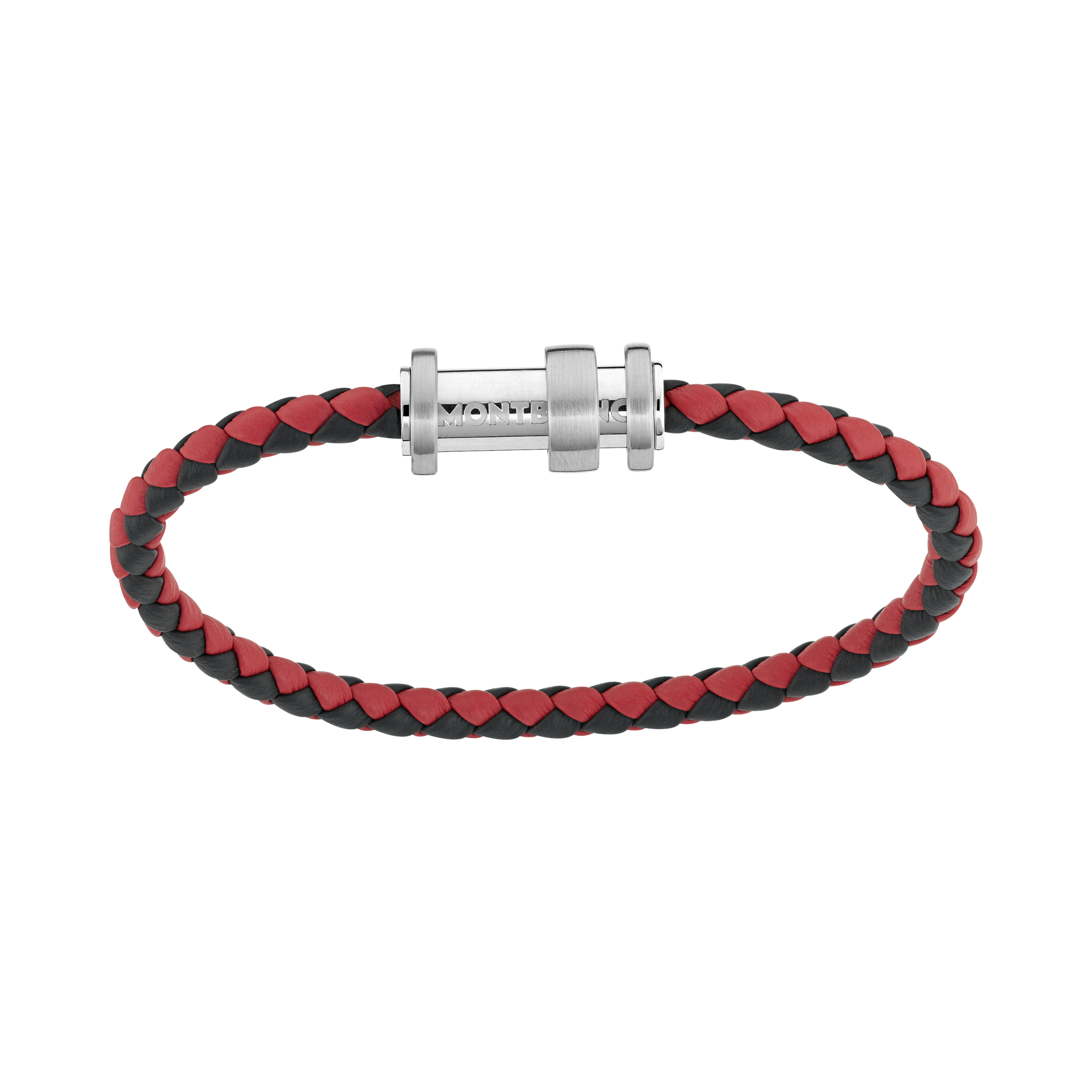 Bracelet TimeWalker – cuir tressé noir/rouge & acier (3 anneaux)