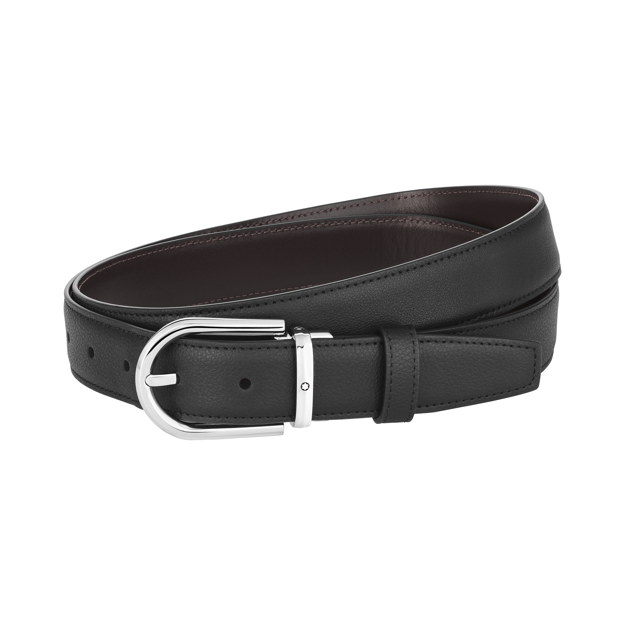CEINTURE BOUCLE FER A CHEVAL SHINY PALLADIUM CUIR MARRON ET NOIR GRAINE 30MM