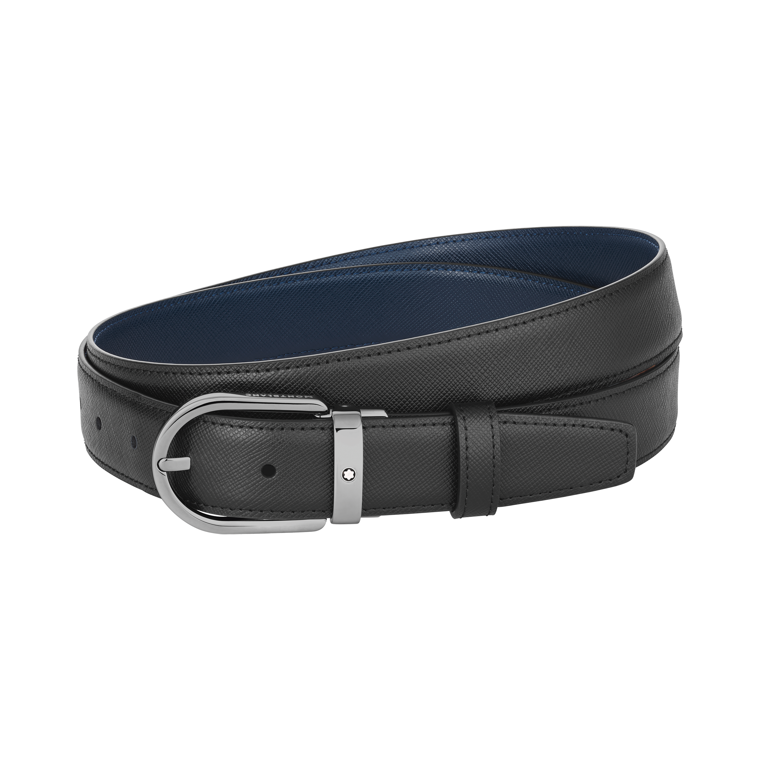 CEINTURE BOUCLE FER A CHEVAL SHINY RUTHENIUM CUIR NOIR ET BLEU SAFFIANO 30MM
