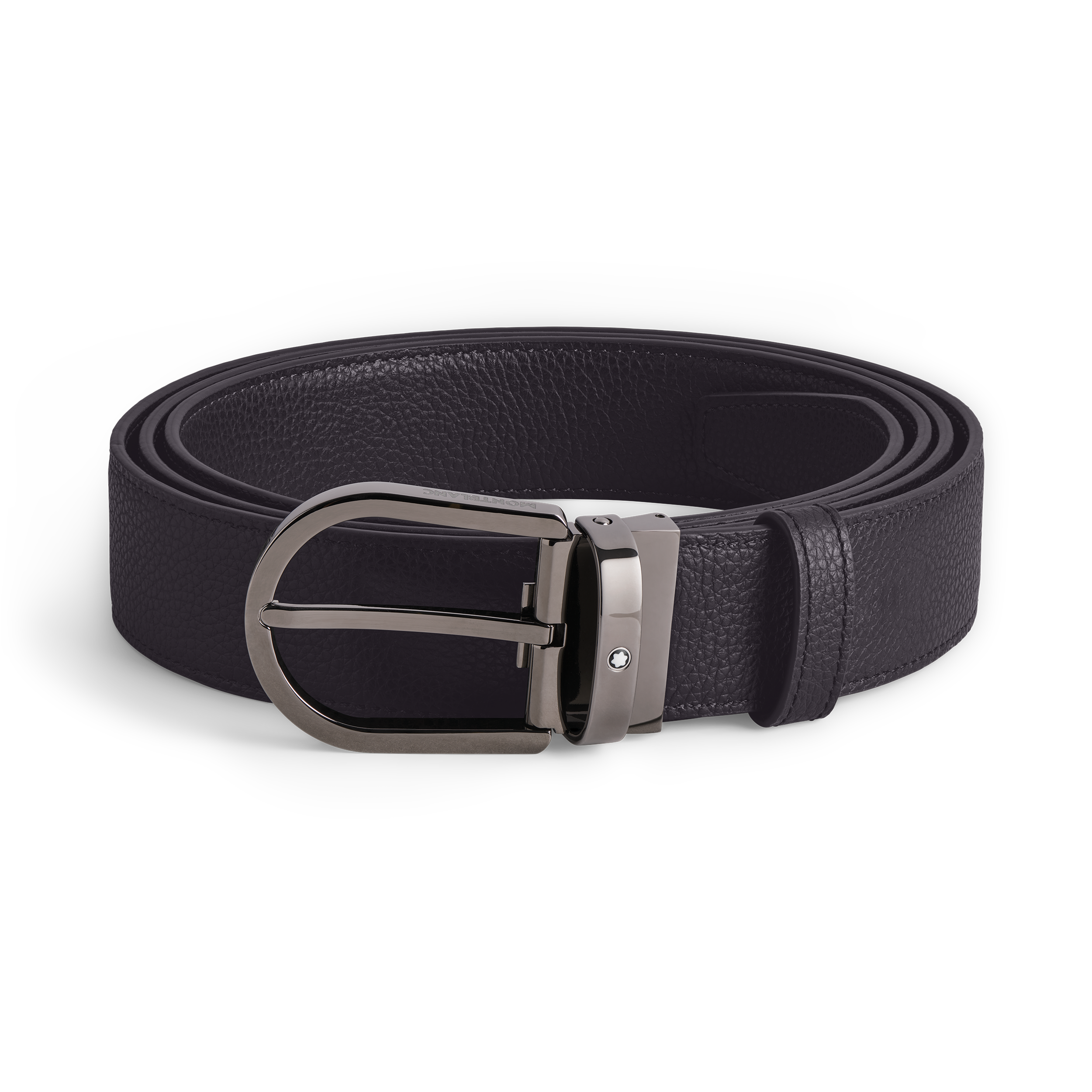 CEINTURE  BOUCLE FER A CHEVAL RUTHENIUM BRILLANT REVERSIBLE BLEU/NOIR CUIR GRAINE 35MM