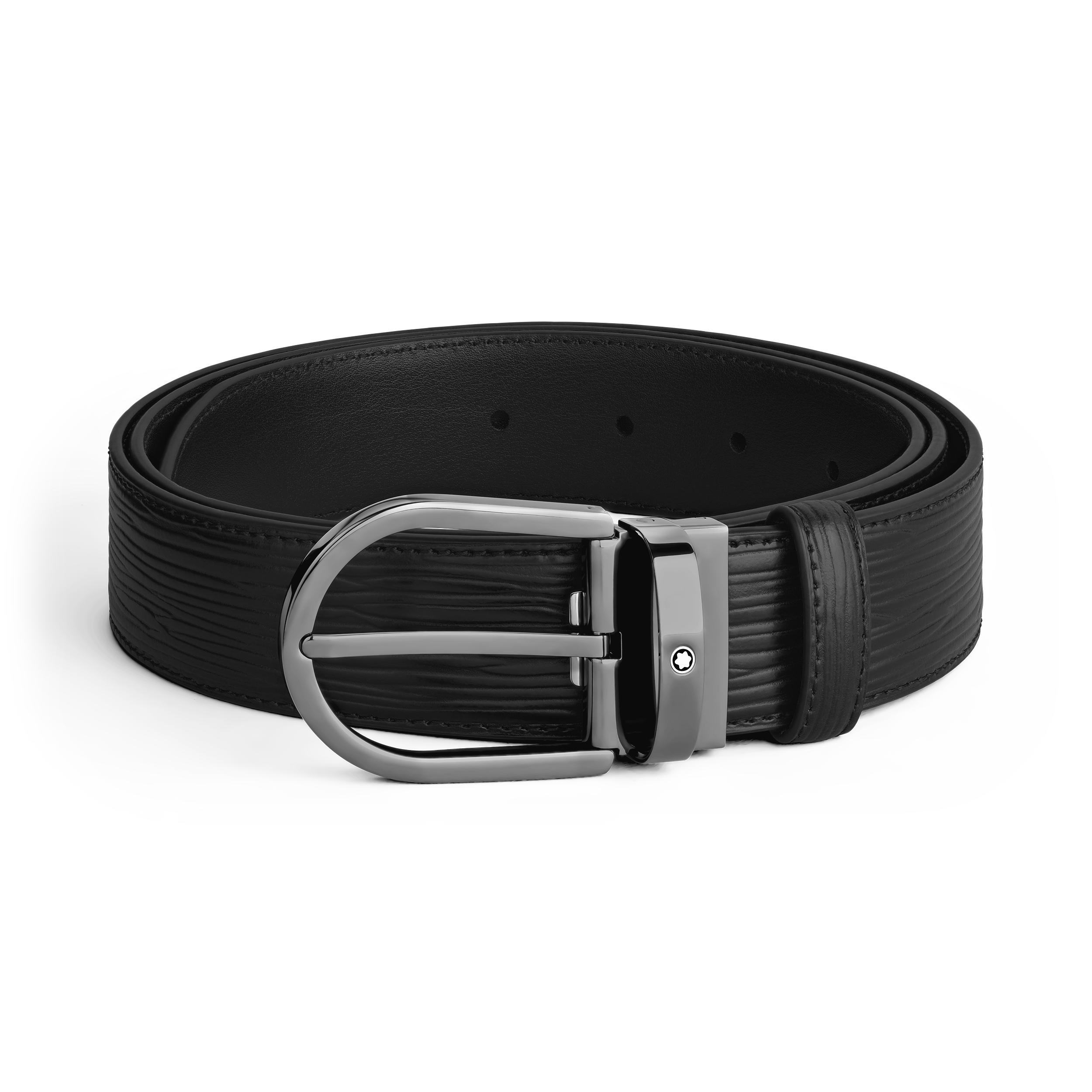 CEINTURE NOIRE BOUCLE FER A CHEVAL RUTHENIUM 35MM