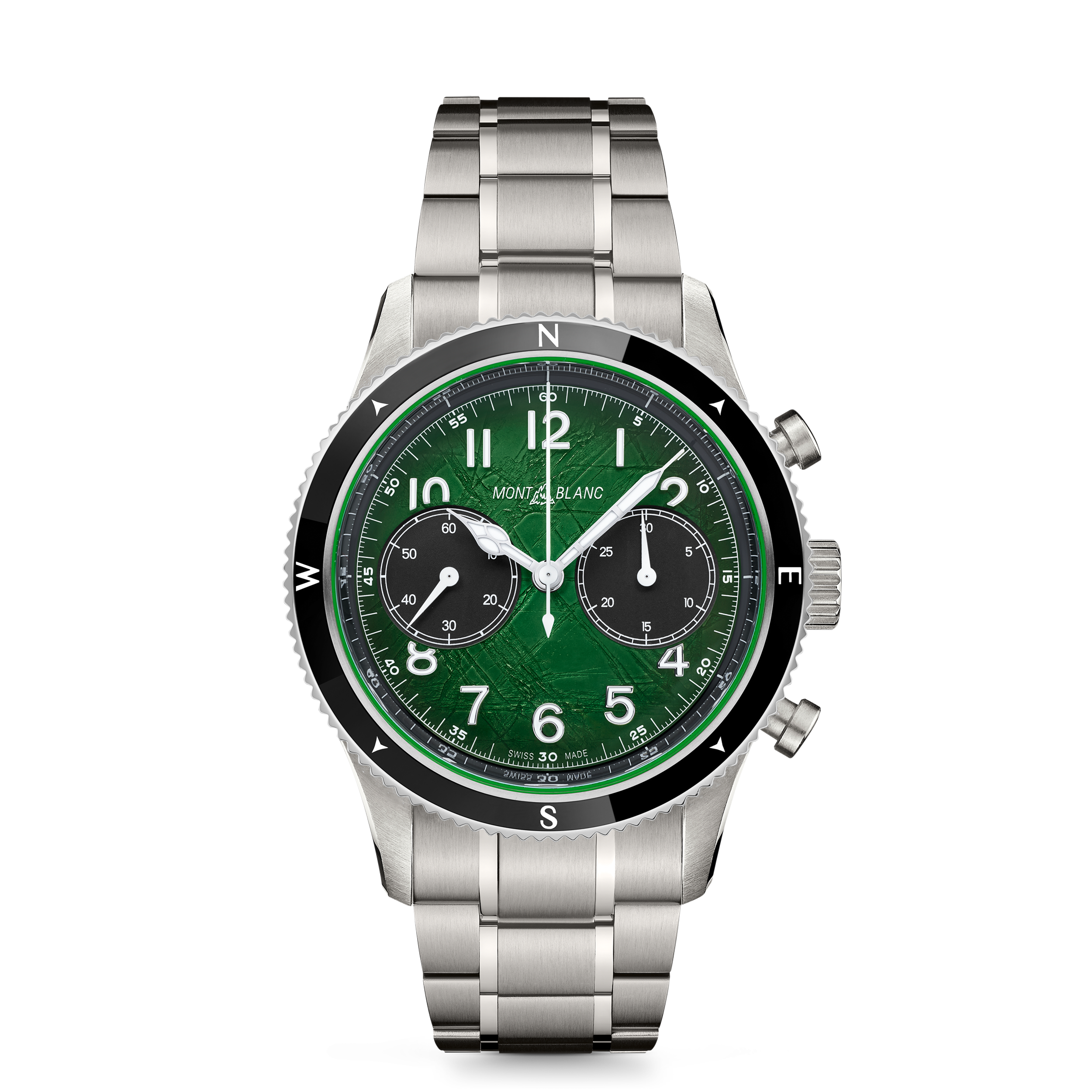 MONTRE 1858 0 OXYGENE CHRONOGRAPHE BOITIER 42MM ACIER CADRAN VERT MOTIF GLACIER BRACELET ACIER