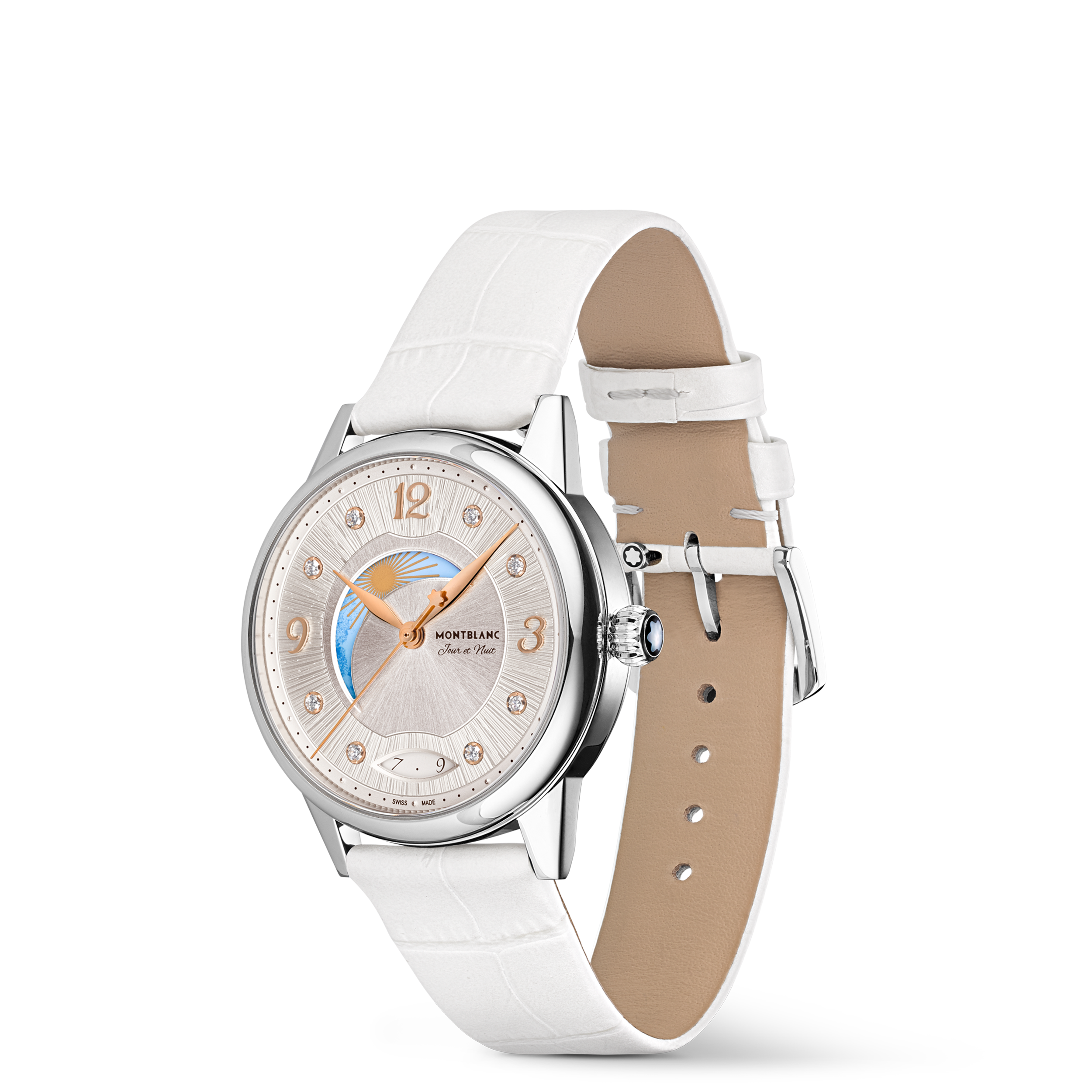 MONTRE BOHEME DAY AND NIGHT 34 MM MVT AUTOMATIQUE ACIER INOXYDABLE BRACELET CUIR DE VEAU BLANC