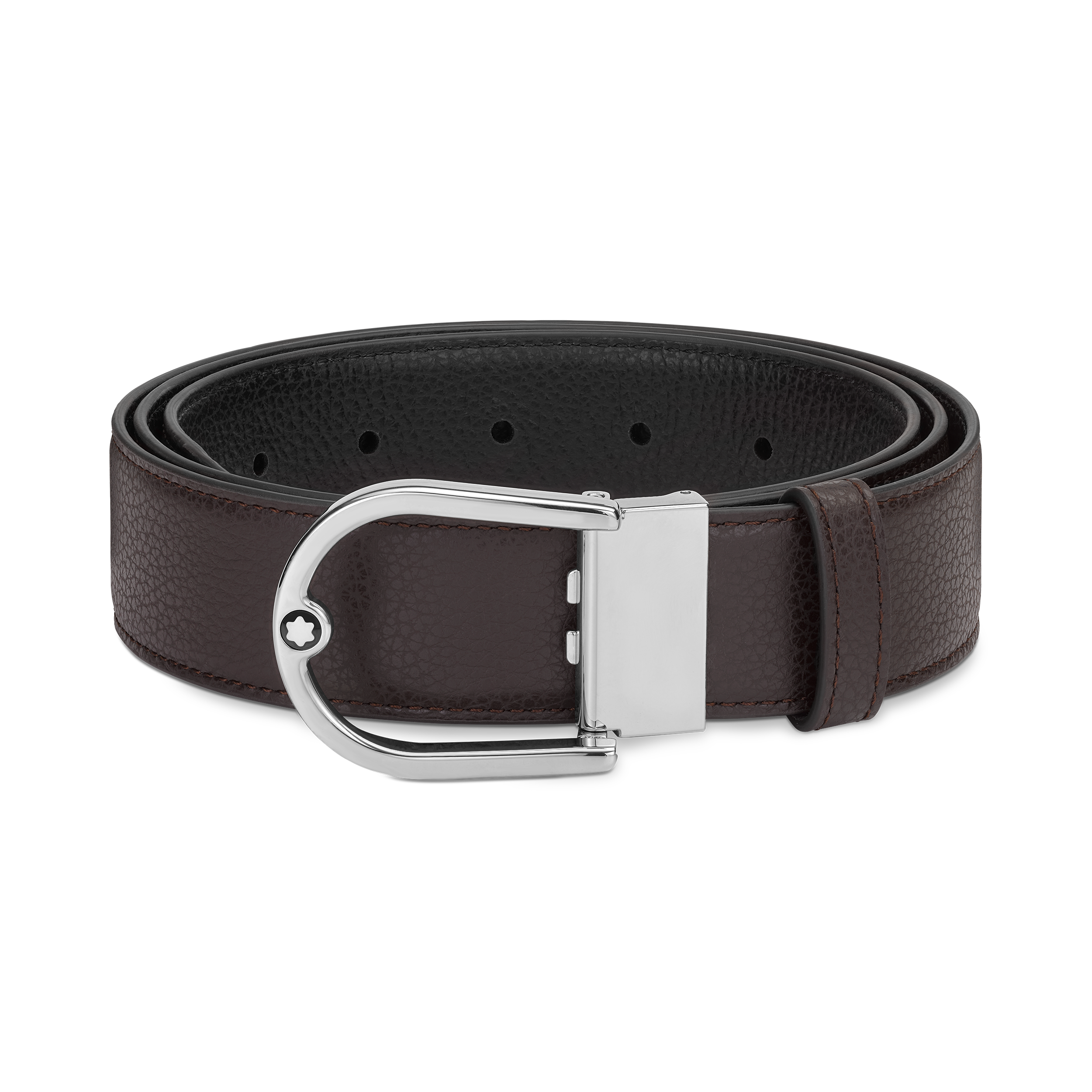 CEINTURE BOUCLE FER A CHEVAL ACIER CUIR GRAINE REVERSIBLE MARRON ET NOIR 35 MM